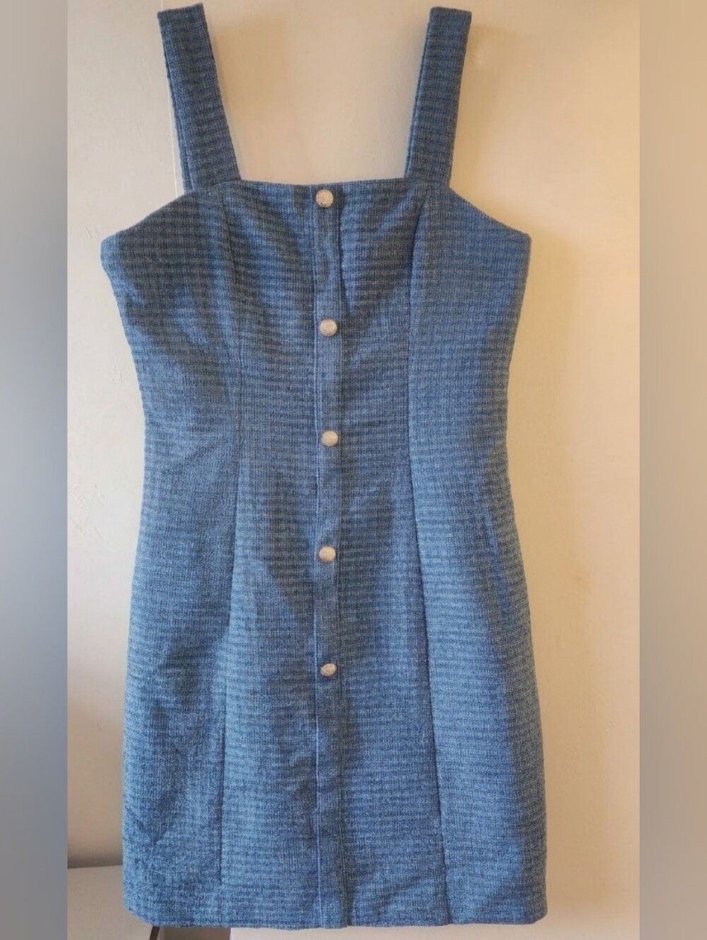 Blue Tweed Textured Button-Front Midi Dress